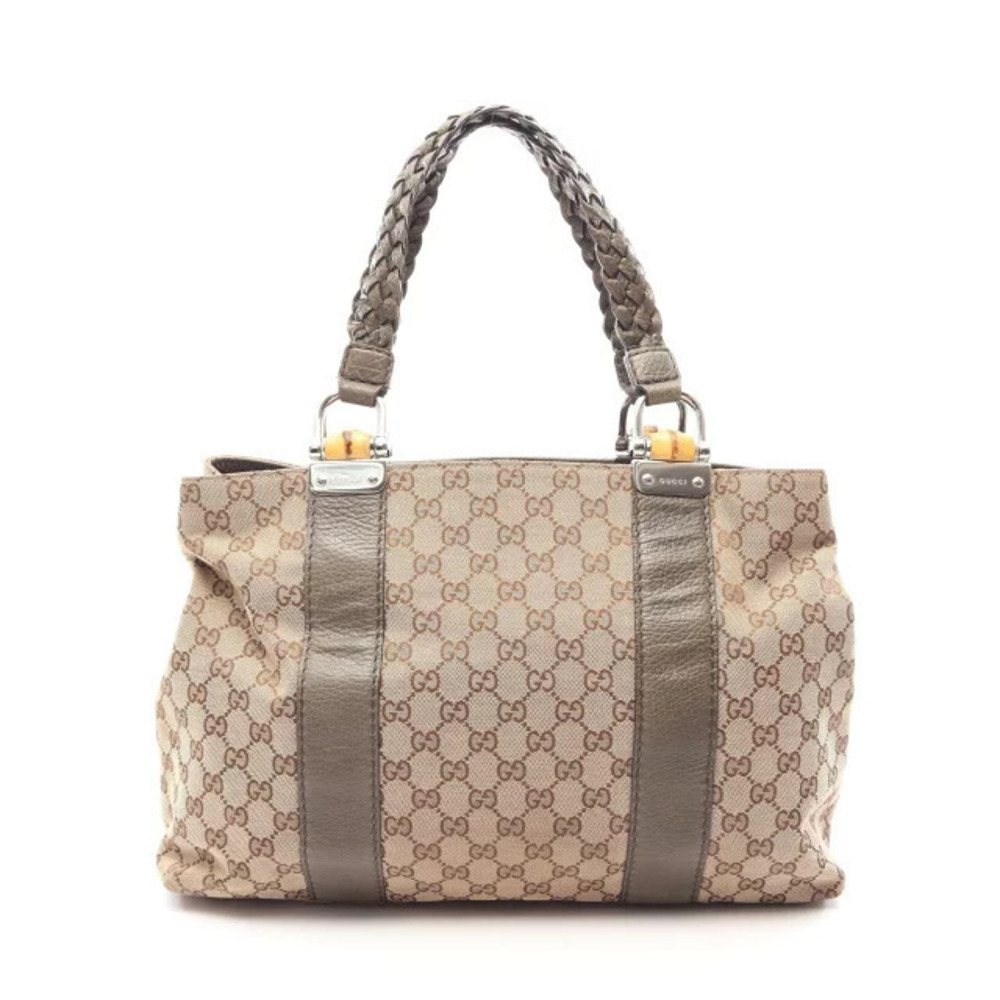 Gucci Bamboo GG Canvas Tote Bag Leather Beige Cream Khaki Green